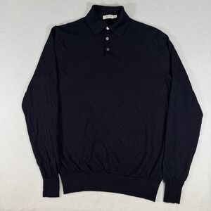 Suitsupply Men's Large Navy Blue Merino Wool Knit Henley Lightweight Sweater